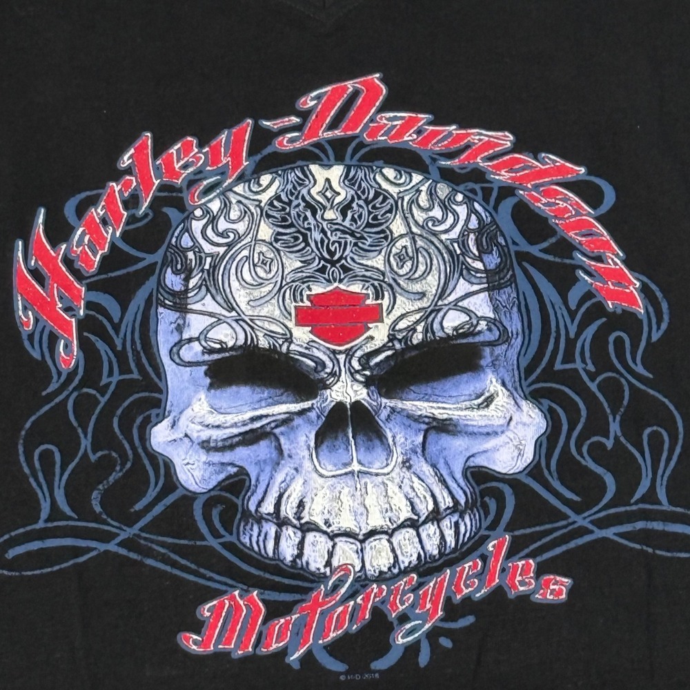 Harley Davidson XL Black V Neck SS T Shirt Skull‎ Sparkle Myrtle Beach Bikercore